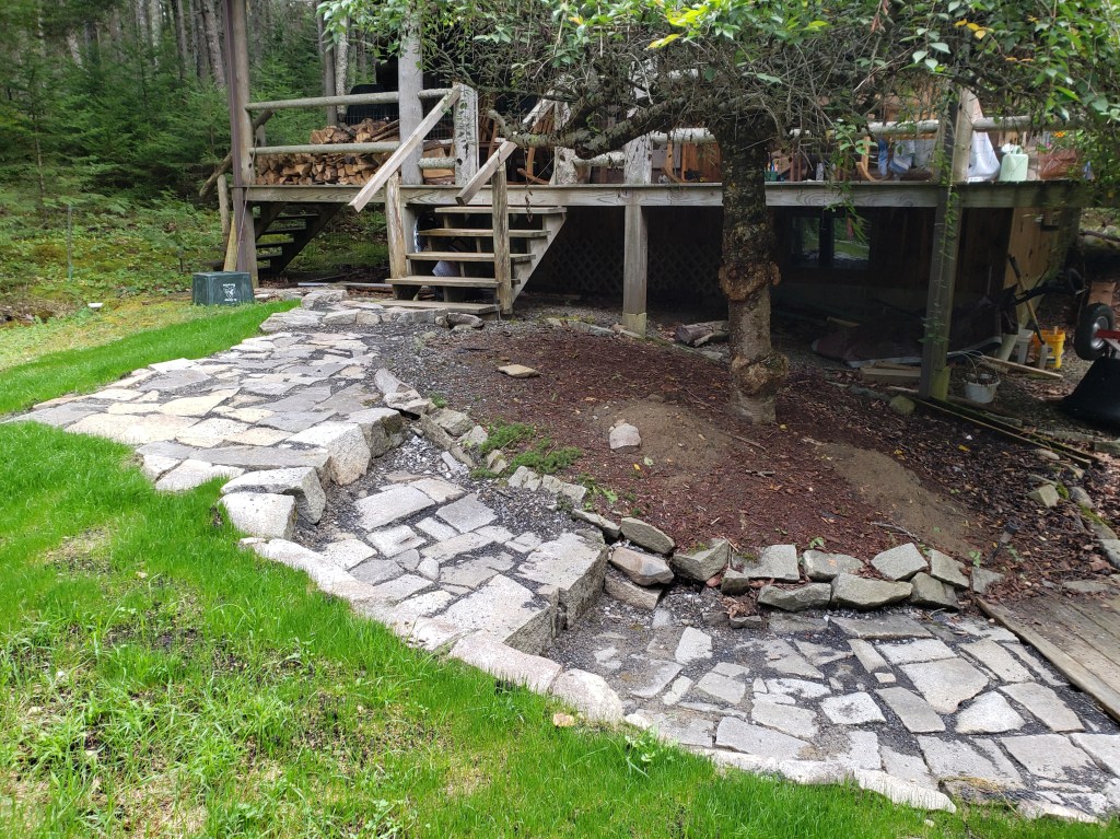 image of a granite walkway leading up to our cabin's porch, snaking amongst the foregrounded grass and gravelly dirt with the spruce wood receding into the upper left of the frame.
 