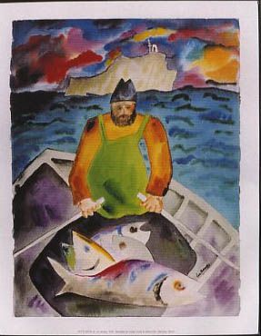 Leo Brooks painting of Sailor standing in the prow of his ketch, with hands on roars, a feast of fish at his feet and a wavey sea behind him - and Monhegan Island in white abstract silhouette -and above the horizon a wild sky of purple, red, orange and pink blotches of clouds
